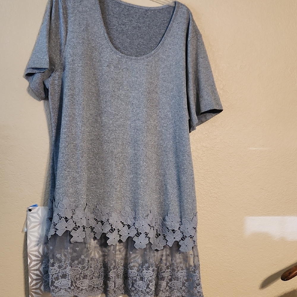 Gray Short Sleeve Midi Dress with Lace Detail